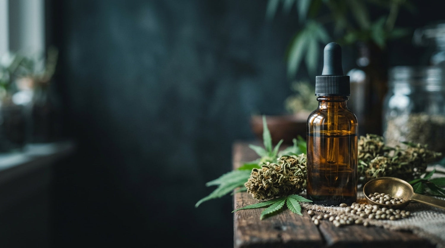Pipettenfläschchen Cannabisblüte auf Tisch