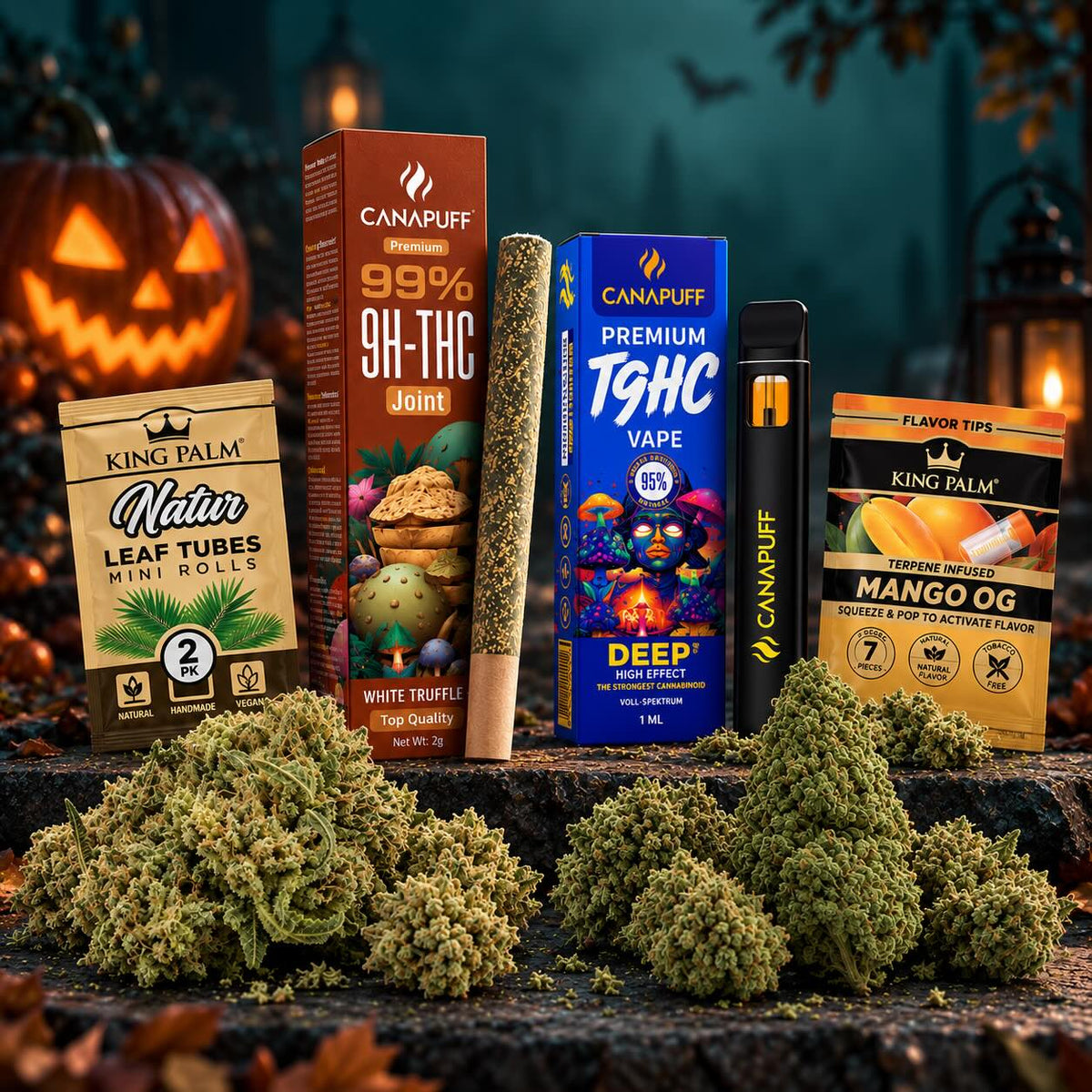 Halloween Bundle mit zwei Blüten, Joint, Vape sowie Papers, Tips und Mini Rolls.